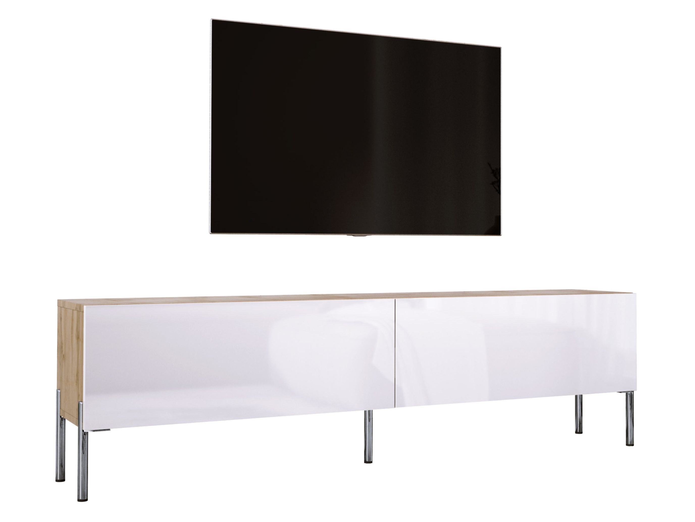 Szafka pod telewizor w kolorze dąb Wotan / biały wysoki połysk z chromowanymi nogami, A: szer: 170 cm cm, wys: 52 cm, gł: 32 cm. Meble pod telewizor, stolik pod telewizor, ława pod telewizor