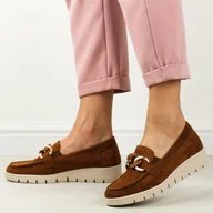 Mokasyny damskie - Camelowe zamszowe mokasyny damskie na koturnie Sergio Leone pb227 - miniaturka - grafika 1