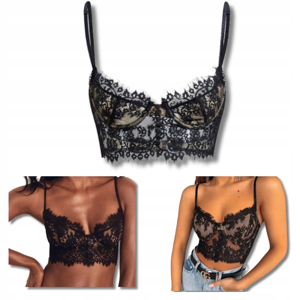 Koronkowy Biustonosz Kobiecy Top Na Ramiączkach Czarny Rozmiar L