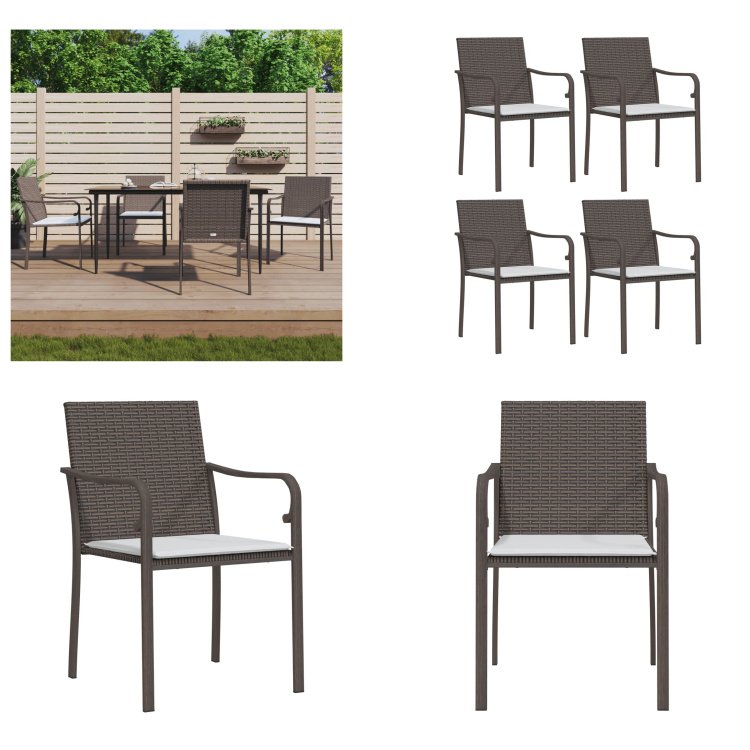 vidaXL Krzesła ogrodowe z poduszką 4 szt. Brązowy 56x59x84 cm Poli Rattan - Krzesło Ogrodowe - Krzesła Ogrodowe - Krzesło Patio - Krzesło Zewnętrzne
