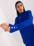 Bluzki damskie - Tunika dzianinowa kobaltowy sukienka dekolt okrągły rękaw długi długość przed kolano materiał prążkowany  guziki - miniaturka - grafika 1