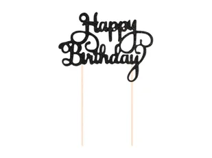 Topper na tort Happy Birthday brokatowy czarny - 1 szt. - Ciasta i półprodukty do ciast - miniaturka - grafika 1