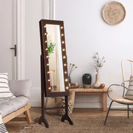 Biżuteria - akcesoria - Szafka na biżuterię COSTWAY 18 LED z regulacją nachylenia, stojak na biżuterię z pełnowymiarowym lustrem i małym lusterkiem do makijażu, szafka na biżuterię z lustrem do makijażu (brązowa) - miniaturka - grafika 1