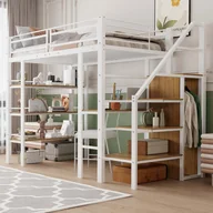 Łóżka dla dzieci i młodzieży - Łóżko piętrowe metalowe 90x200cm - z biurkiem i schowkami - białe - miniaturka - grafika 1