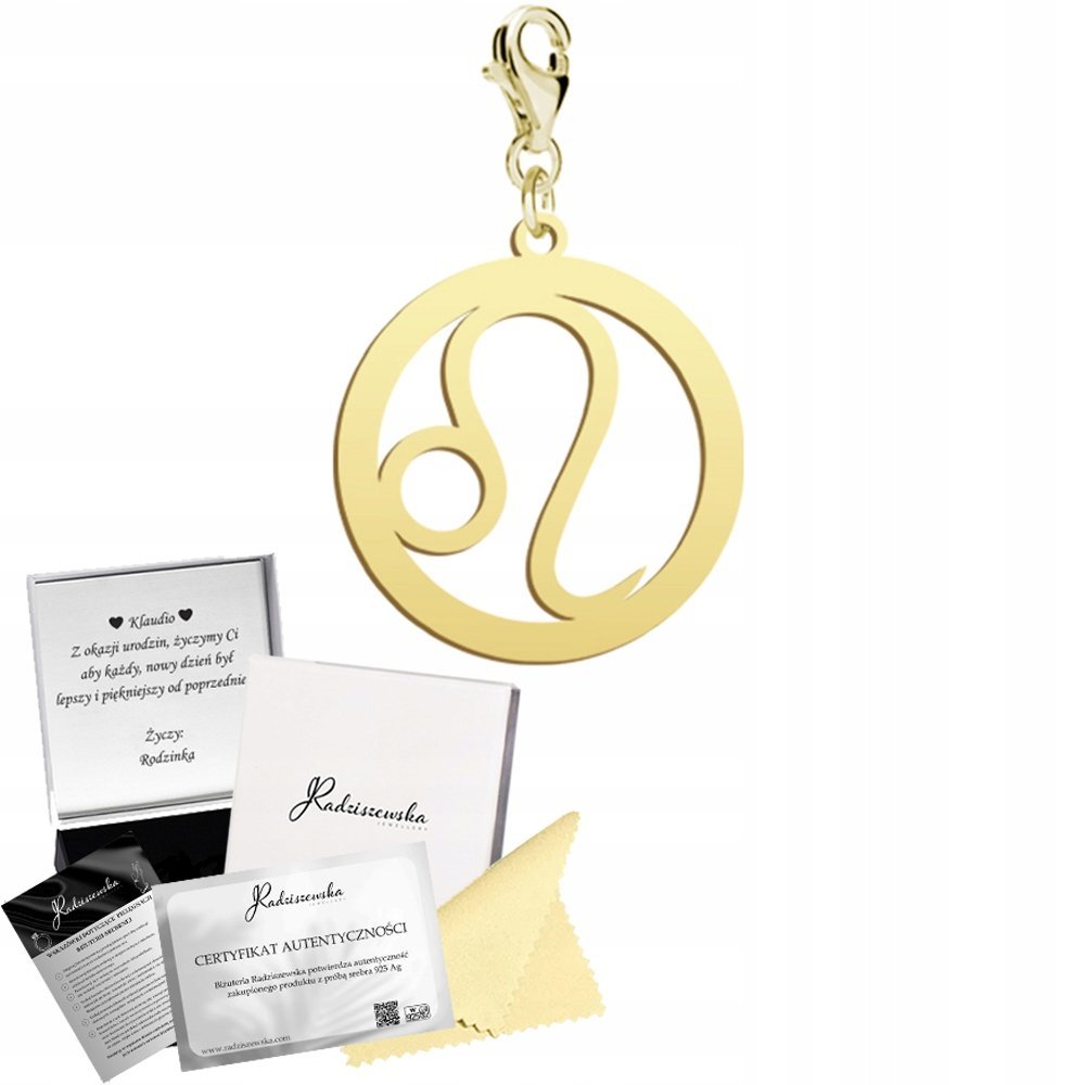 Charms Złoty Znak Zodiaku LEW Prezent SREBRO 925 Karabińczyk DEDYKACJA