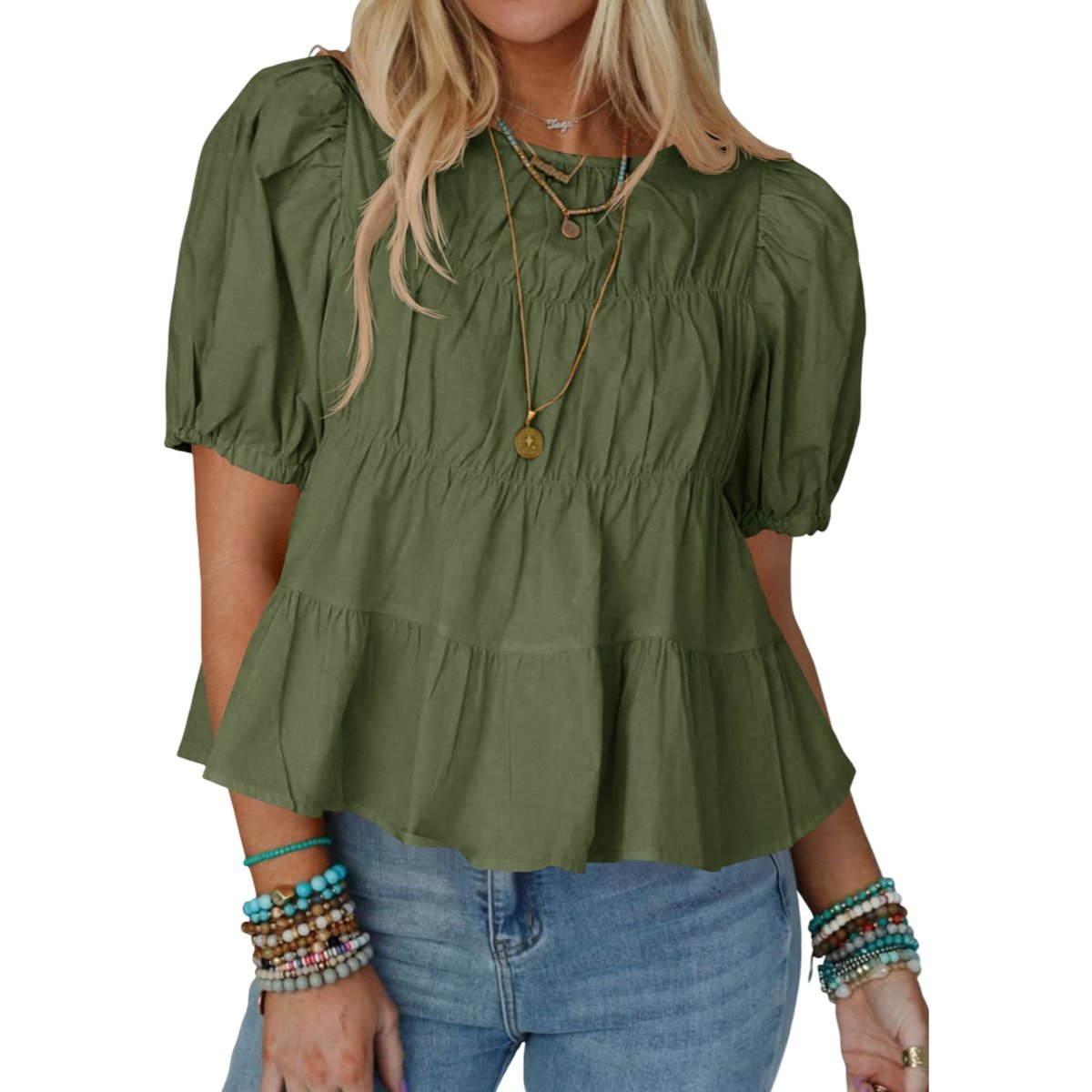 Damska Bluzka Bufiaste Rękawy Bawełniana Stylowa Casual Letnia Zielona S