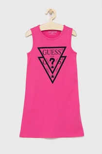 Sukienki i spódniczki dla dziewczynek - Guess Sukienka bawełniana dziecięca kolor różowy mini dopasowana - grafika 1