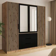 Szafy - Szafa 4-drzwiowa z 3 szufladami - Z lustrem - szer. 196 cm - Naturalny i czarny - LIRMADA - miniaturka - grafika 1
