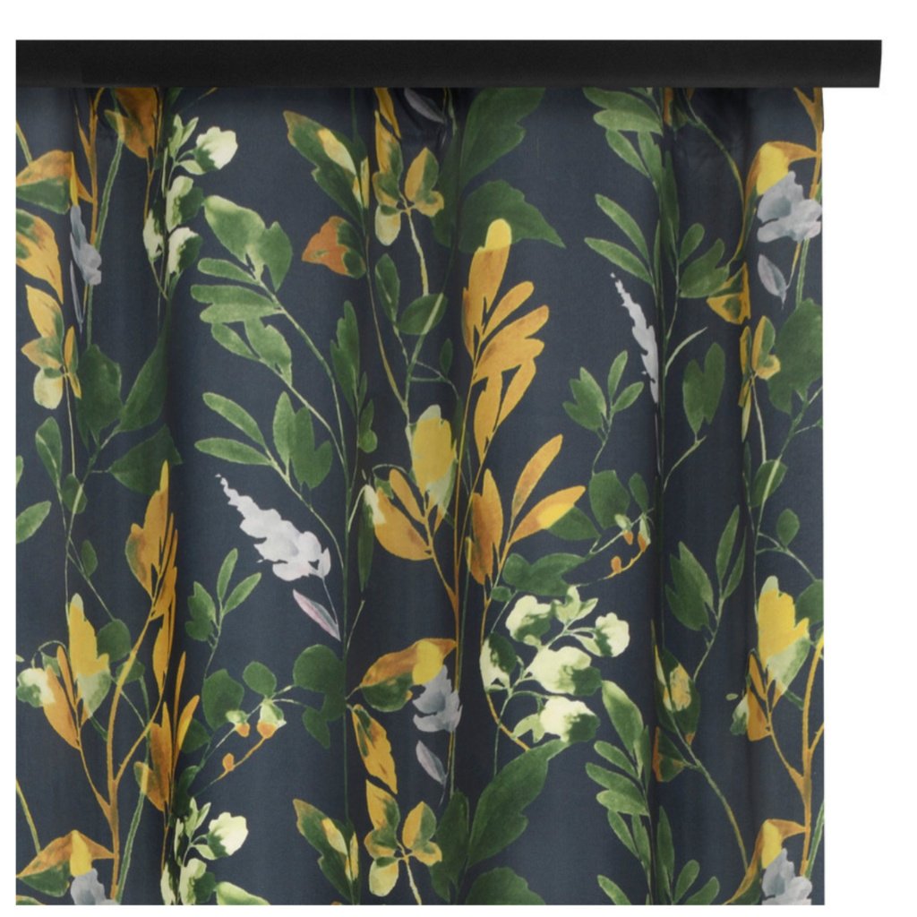 Voppi Długa ciemna zasłona gotowa na taśmie 140 x 280 cm elegancka zasłona dekoracyjna w złote i zielone liście kwiaty