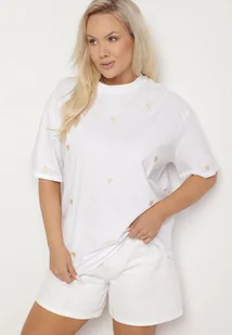Biało-Beżowy Bawełniany T-shirt Zdobiony Haftem w Kształcie Serc Naloree - Koszulki i topy damskie - miniaturka - grafika 1