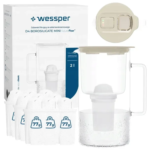 Szklany dzbanek filtrujący Wessper D4 BOROSILICATE MINI LED 2l + 10x filtr