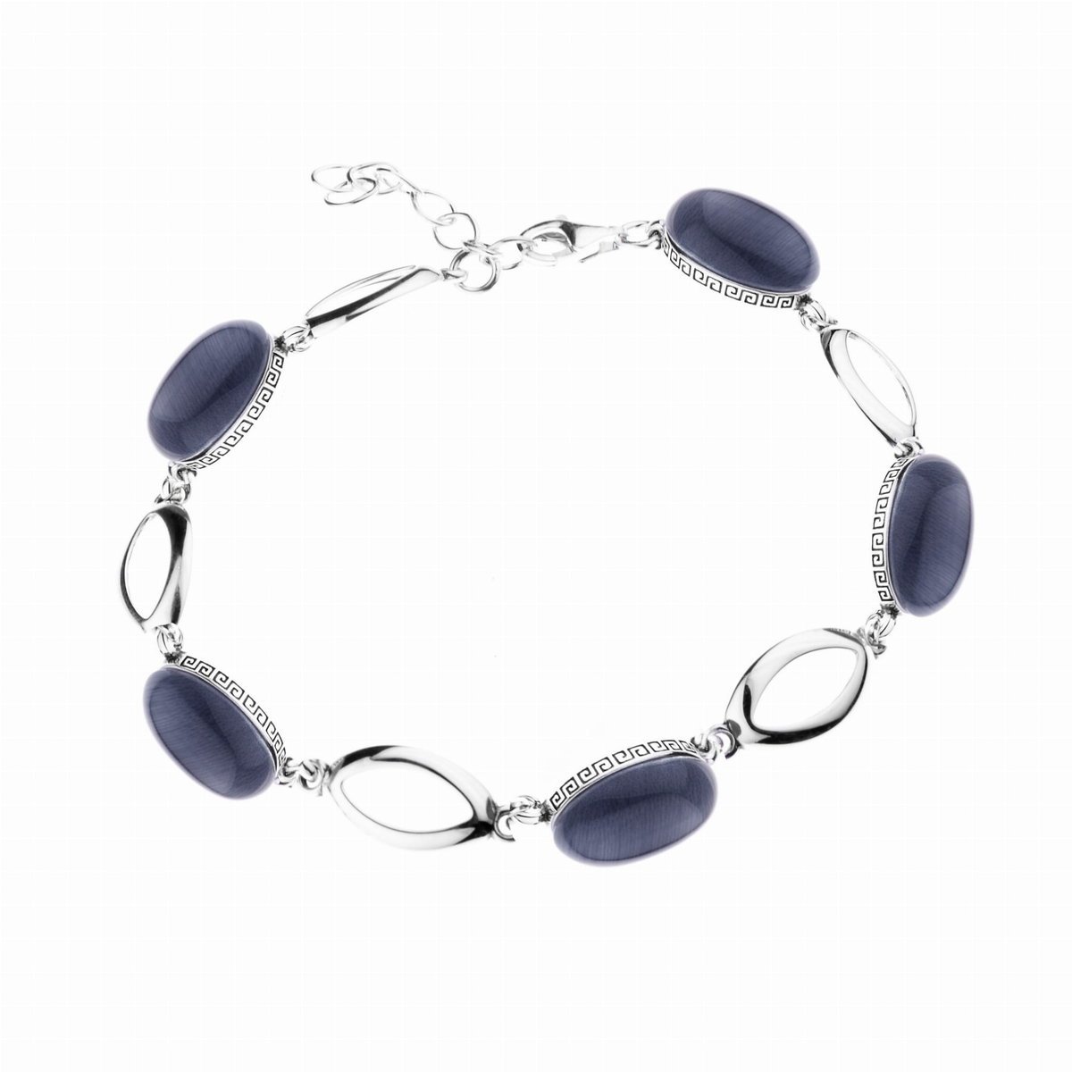 Srebrna bransoletka grecki wzór z kamieniami Kocie oko szare pr. 925