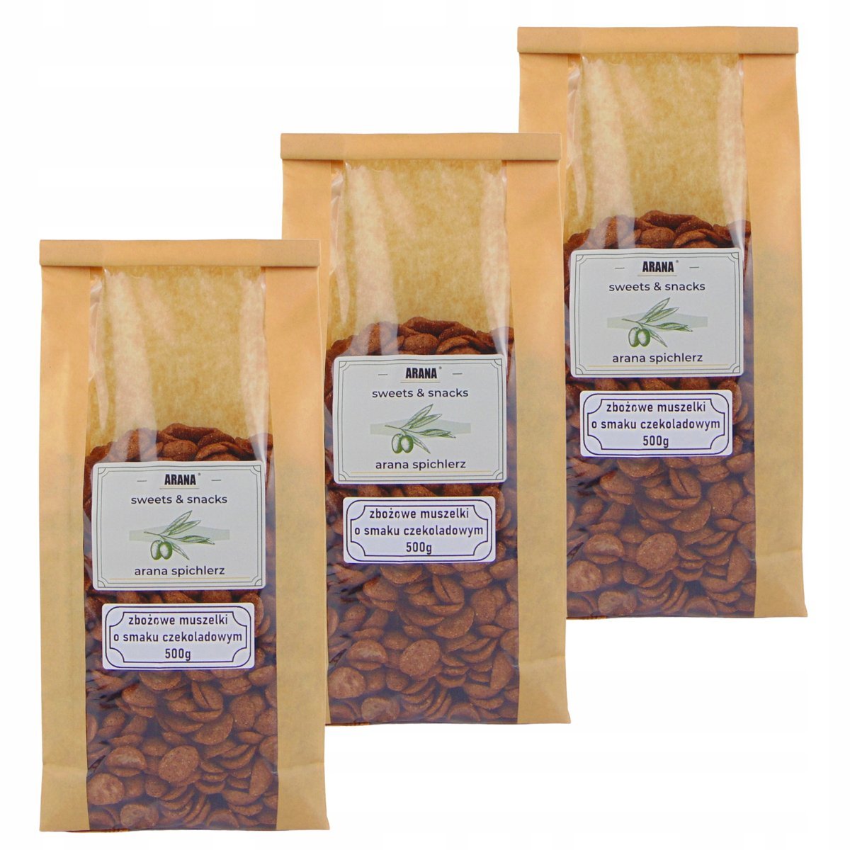 PŁATKI ŚNIADANIOWE 500g muszelki czekoladowe zbożowe x3