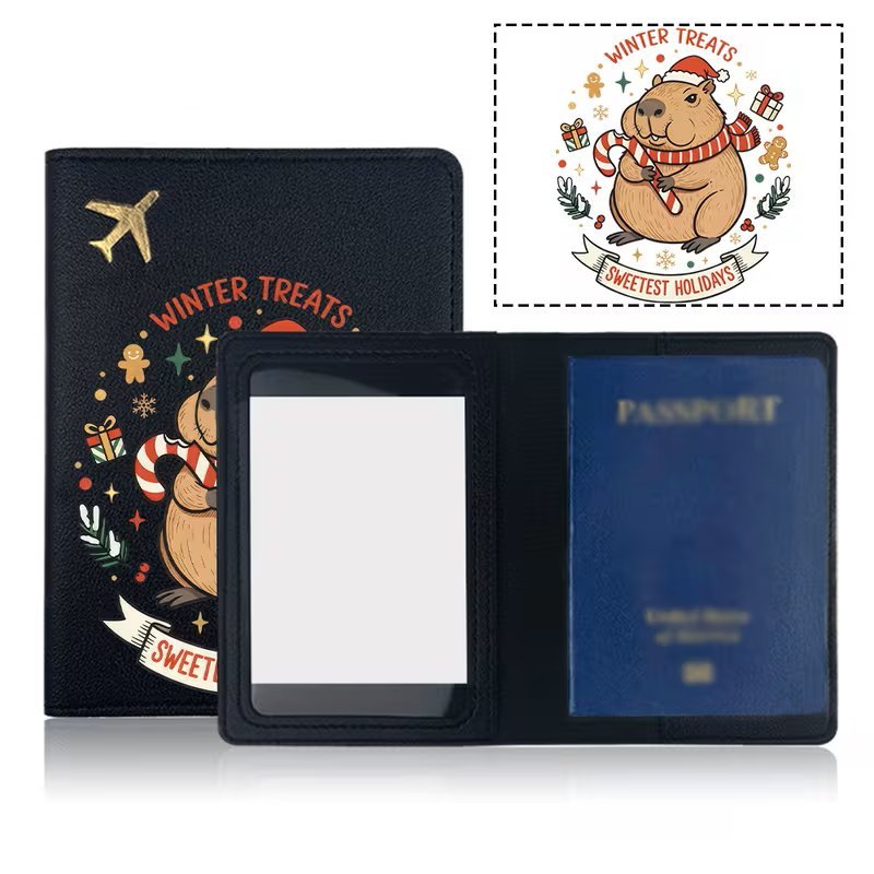 Portfel Etui Pokrowiec na Paszport Kapibara Świąteczne Czarny