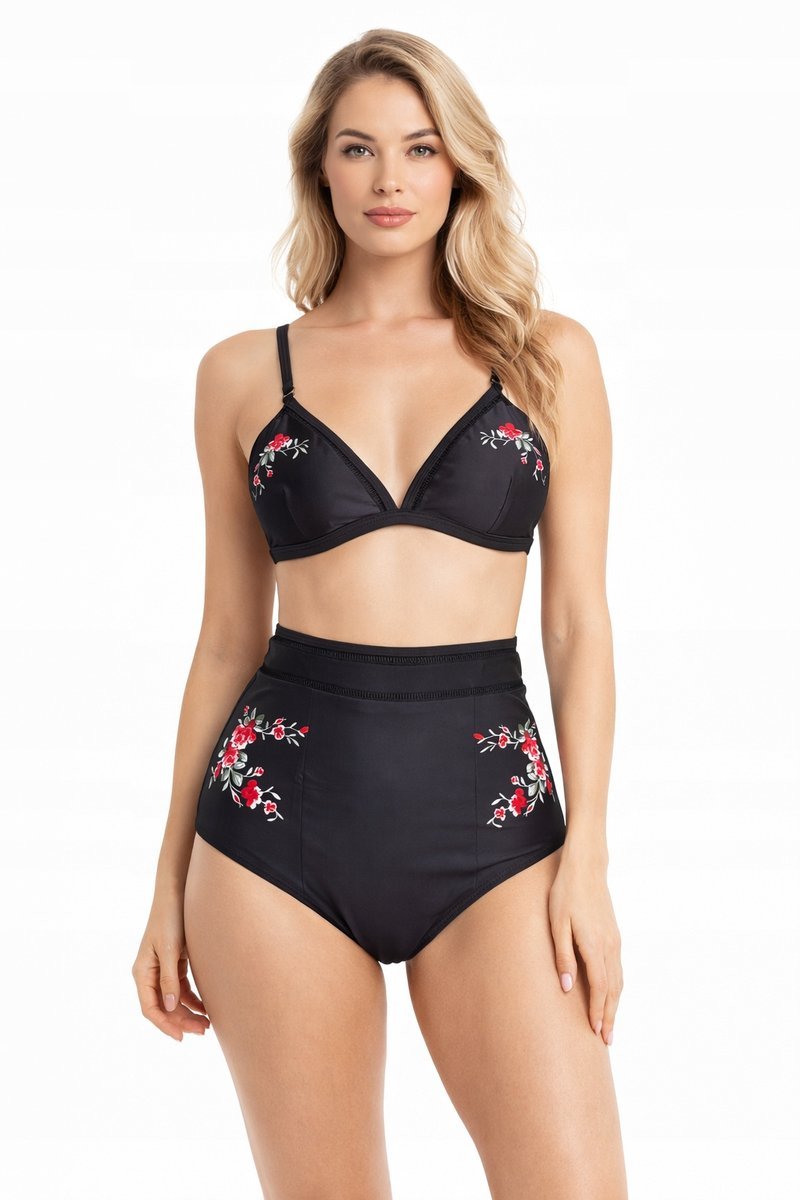 CZARNY DAMSKI STRÓJ KĄPIELOWY DWUCZĘŚCIOWY BIKINI WYSOKI STAN KWIATY