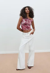 Stradivarius Asymetryczny T-shirt z wzorzystego tiulu Różowy L - Koszulki i topy damskie - miniaturka - grafika 1