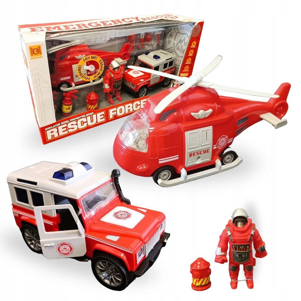 Zestaw strażacki straż dla dzieci helikopter jeep figurka dźwięki światło