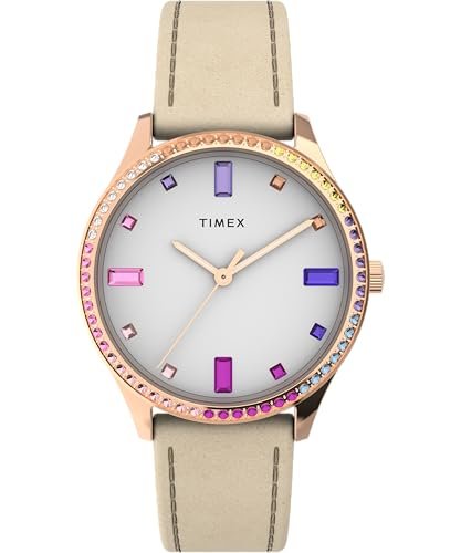 Timex Sukienka damska 32 mm zegarek - brązowy skórzany pasek biała tarcza etui w kolorze różowego złota TW2Y06500, Różowe złoto odcień