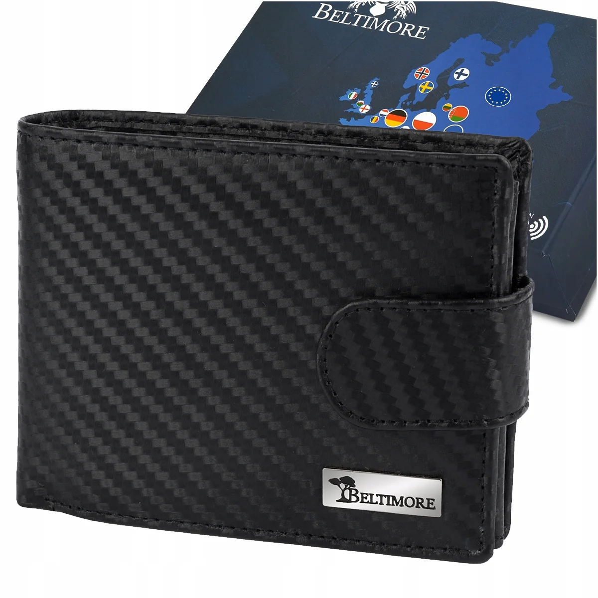 Męski portfel skórzany klasyczny RFiD duży czarny carbon premium Beltimore