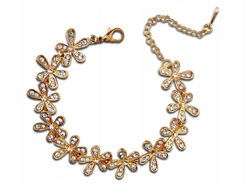 Złota bransoletka kwiatuszki z białymi cyrkoniami na prezent złocone kwiaty