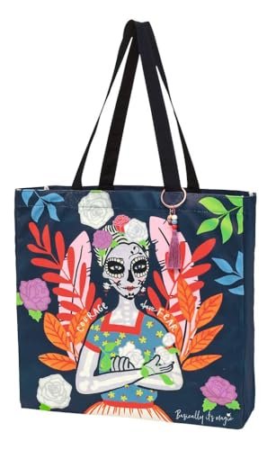moses. Basically it's magic XXL Shopper Santa Muerte – duża torba materiałowa w kolorze ciemnoniebieskim z kolorowym motywem trupiej czaszki, torba na zakupy z kieszenią wewnętrzną i zamkiem