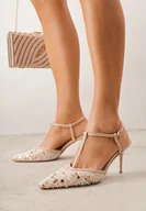 Czółenka - Beżowe Eleganckie Szpilki na Szpilce z Siateczkowym Noskiem z Koralikami Riosira - miniaturka - grafika 1