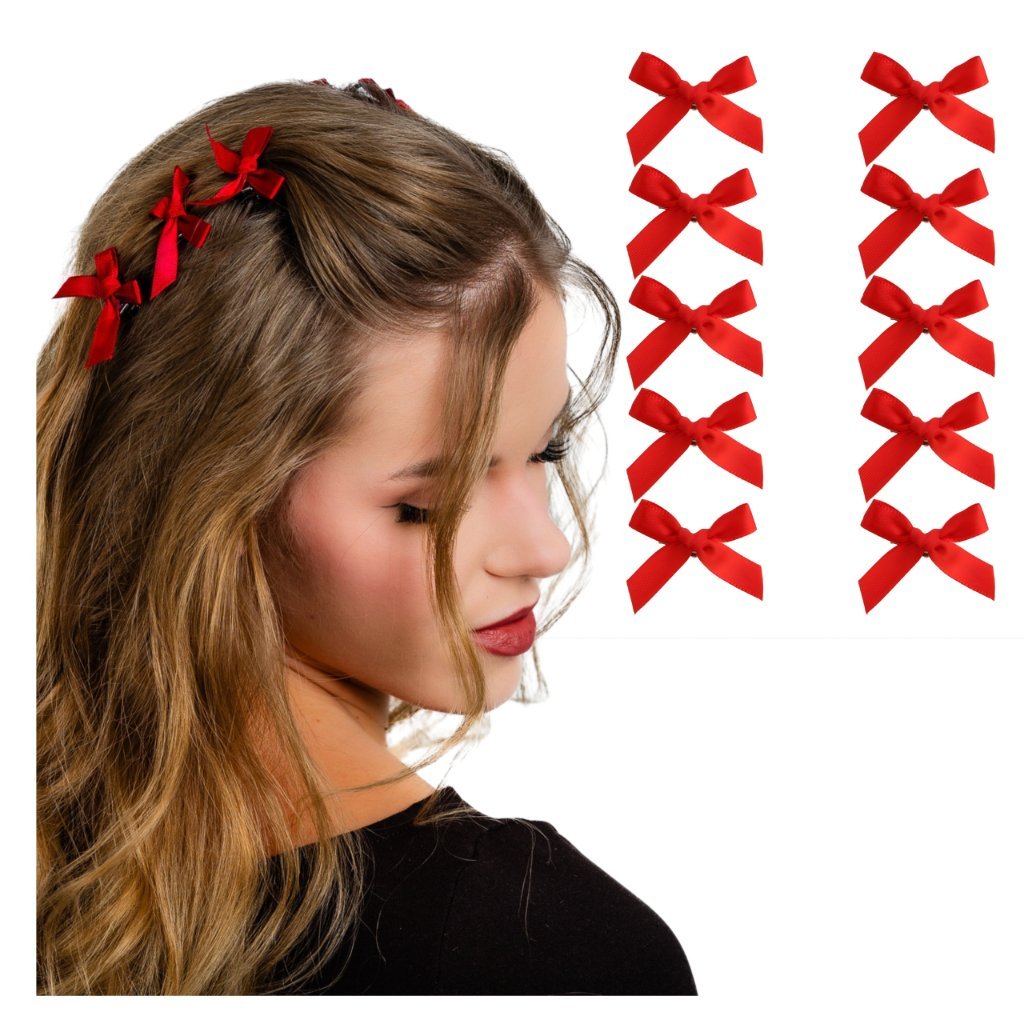 Spinka do Włosów 10 SZTUK Czerwone Małe Kokardki Satynowe Wstążki Połysk
