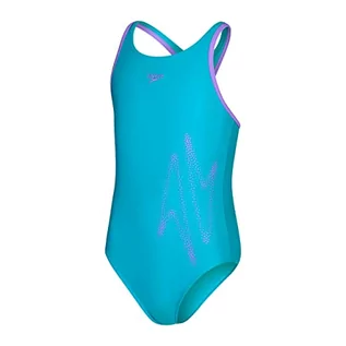 Stroje kąpielowe - Speedo Girl's Boom Logo Placement Flyback Niebieski/Fioletowy Strój Kąpielowy/Kostium Kąpielowy, Bolt/Miami Lilac, 14 lat - grafika 1