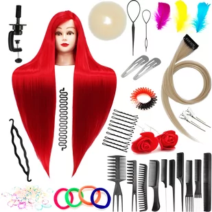 Zestaw główka treningowa Ilsa 90 Red, włos syntetyczny + 80 akcesoriów + uchwyt, fryzjerska do czesania, głowa do ćwiczeń - Główki treningowe - miniaturka - grafika 1