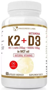 Progress Labs Progress Labs Witamina K2 MK-7 z Natto 200g + D3 4000IU 100g w oleju MCT suplement diety 60 kapsułek miękkch - Witaminy i minerały - miniaturka - grafika 1