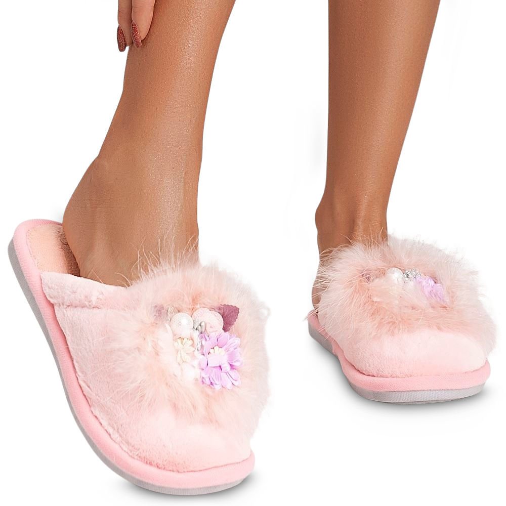 Kapcie Papcie Domowe Cieple z Futerkiem Damskie Ballegra z Kwiatami Różowe 39
