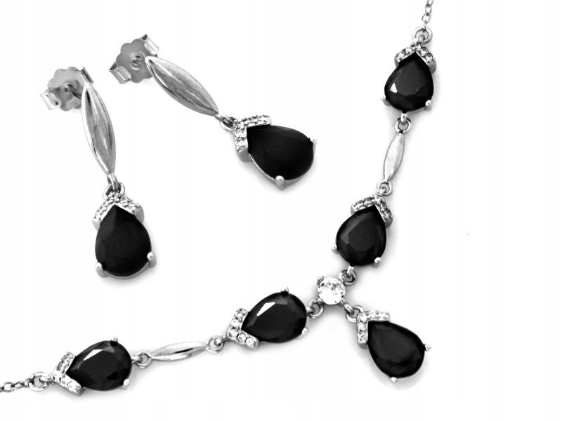Srebrny komplet 925 naszyjnik i kolczyki z cyrkoniami i czarnymi kamieniami