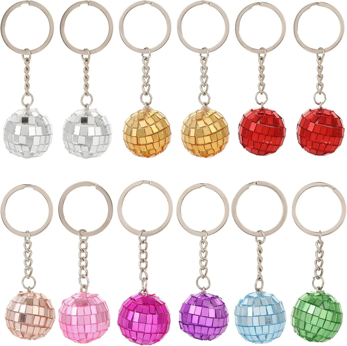 BRELOCZKI DO KLUCZY KOLOROWE 12 SZTUK 2-4 CM MINI LUSTRO DYSKOTEKOWA