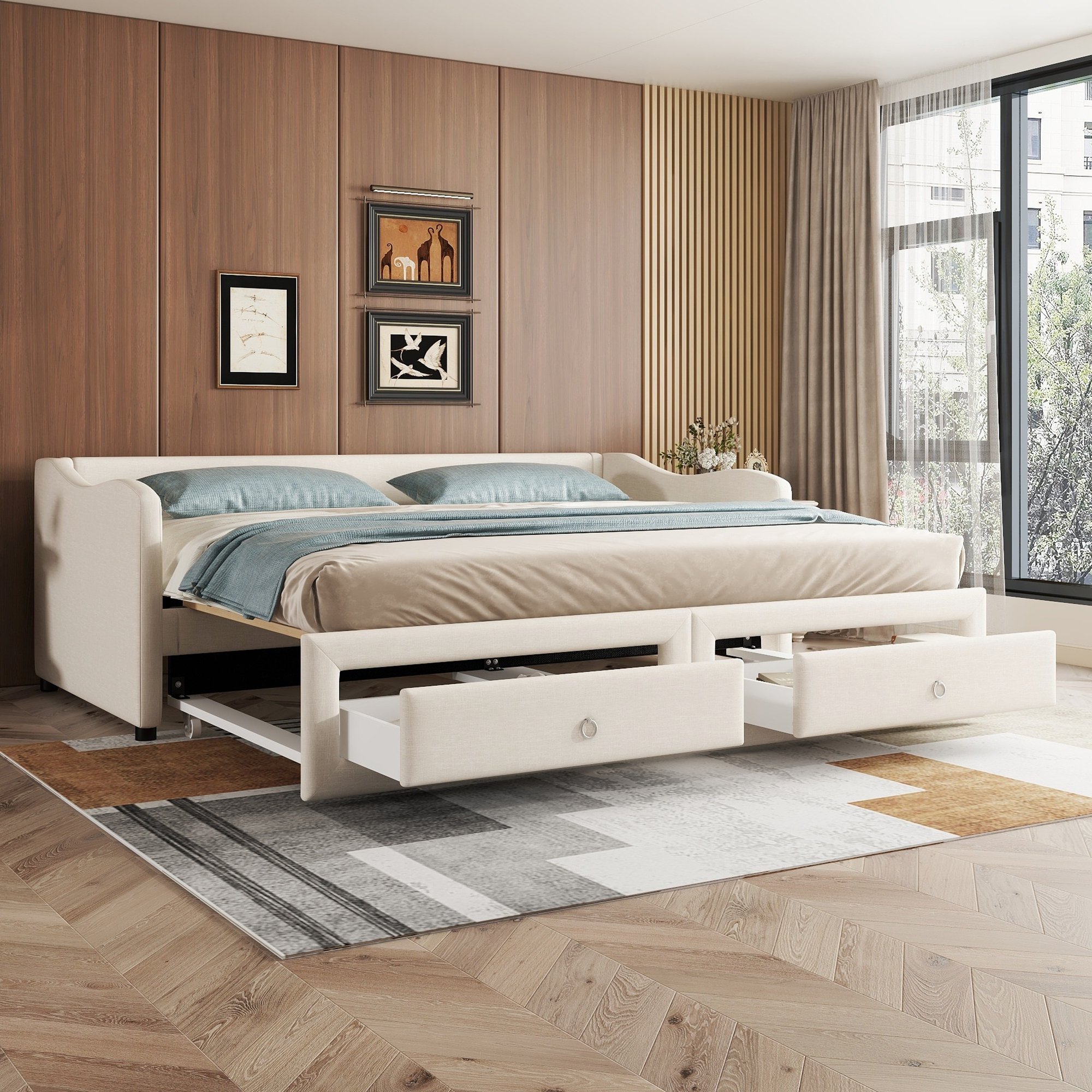 Łóżko tapicerowane Flieks rozkładane 90x200cm z wysuwanym łóżkiem, łóżko jednoosobowe, łóżko młodzieżowe z 2 szufladami, rozkładana sofa, funkcjonalne łóżko, pościel, beżowy