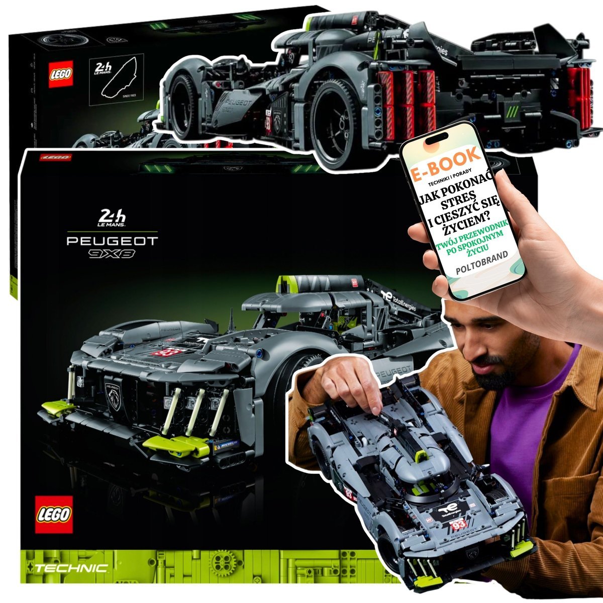 DUŻE! LEGO Technic PEUGEOT 9X8 AUTO Hipersamochód z silnikiem V6 HYBRID i świecącymi elementami Lego Autko Dla Dzieci i Dorosłych + EBOOK-1