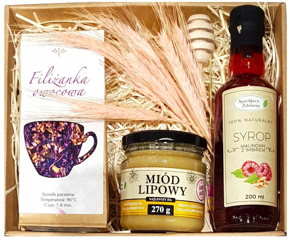 Kosz Box Zestaw Prezentowy Herbata Syrop Miód Kwiaty Upominek