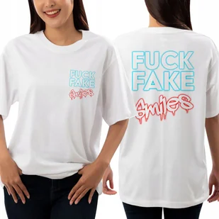 KOSZULKA T-Shirt DAMSKA OVERSIZE Boyfriend Biała FUCK FAKE SMILES Wzory - Koszulki i topy damskie - miniaturka - grafika 1