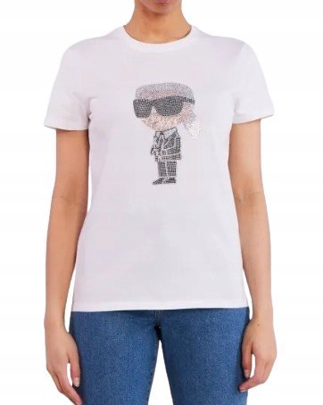 KARL LAGERFELD BIAŁY T SHIRT Z BAWEŁNY Z CEKINOWYM NADRUKIEM S I3A