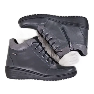 Botki skórzane ocieplane na koturnie szare Helios 524 - Botki damskie - miniaturka - grafika 1