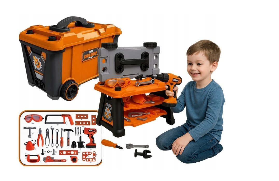 Zestaw NARZĘDZI Warsztat skrzynia kółka Mały dla dzieci Majsterkowicz 65 el