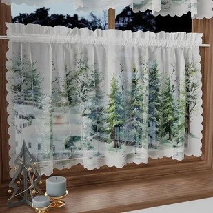 Zazdrostki woalowe, z zielonym nadrukiem, Las zimą, rozmiar 100x60 cm - Firany - miniaturka - grafika 1