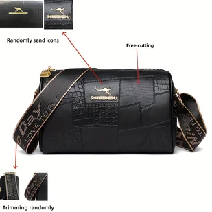 TEMU Stylowa Torba na Ramię z Wzorem Krokodyla dla Kobiet - Regulowany Szeroki Pasek, Zamek Błyskawiczny, Poliestrowa Podszewka, Czarno-Beżowa, - Torebki damskie - miniaturka - grafika 1