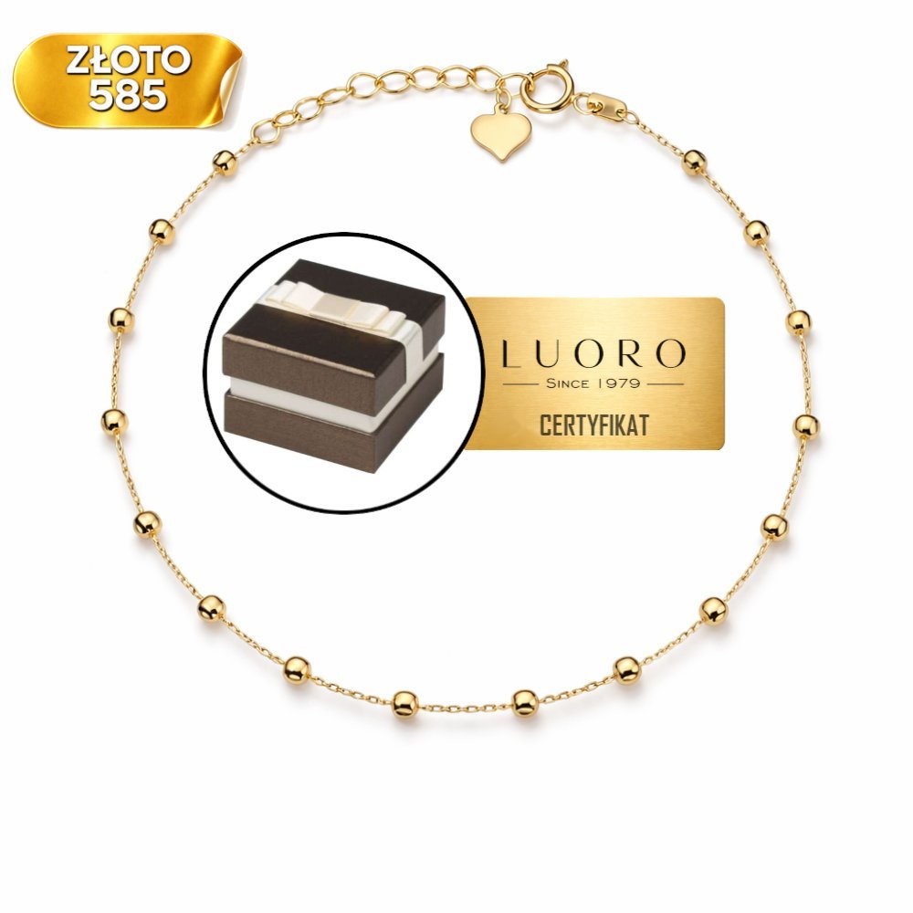 BRANSOLETKA ZŁOTA 585 14K DIAMENTOWANE KULECZKI SERCE 16 5 CM REGULOWANA