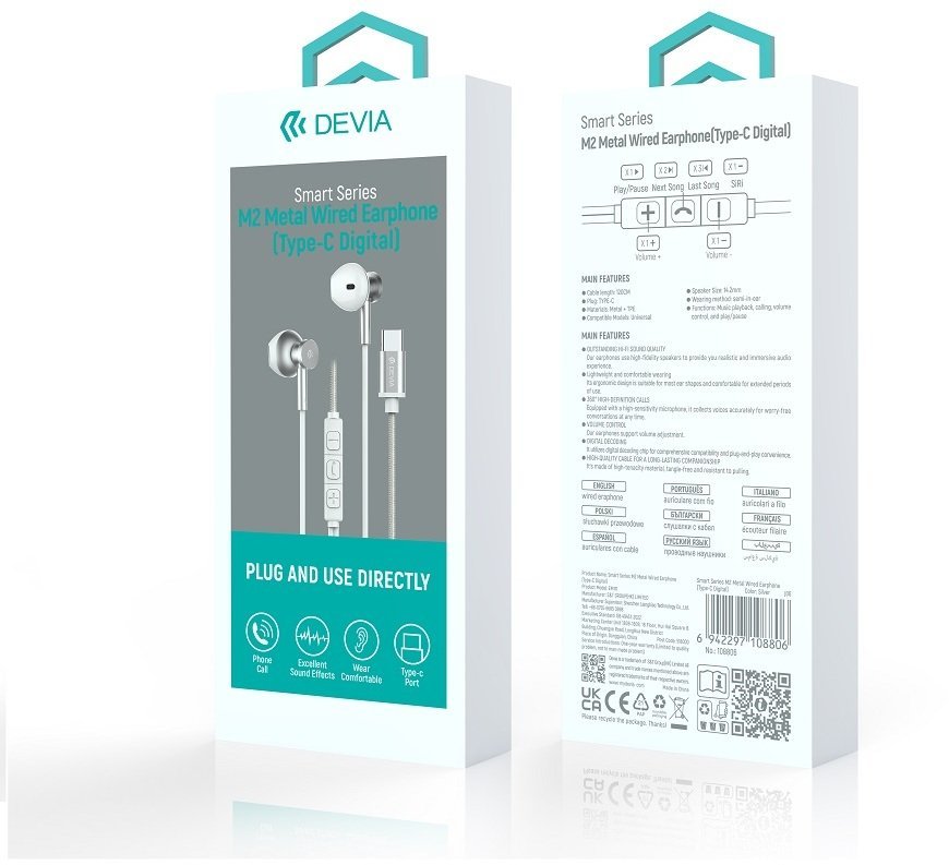 Devia słuchawki przewodowe Smart M2 Digital Metal USB-C douszne srebrne