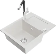 Zlewozmywaki z baterią - Mexen Enzo zlewozmywak granitowy 1-komorowy z ociekaczem i baterią kuchenną Flora, biały - 6506-20-670401-07 - miniaturka - grafika 1