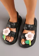Klapki i japonki damskie - Czarne Klapki Ozdobione Kwiatkiem z Paskiem na Piętę Orialis - miniaturka - grafika 1