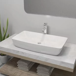 vidaXL Umywalka z baterią mieszającą, ceramiczna, prostokątna, biała - Umywalki - miniaturka - grafika 1