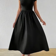 Sukienki - TEMU Kobieca Elegancka Sukienka w Blokach - Dopasowany Top i Falbankowa Spódnica, Okrągły Dekolt Krótki Rękaw, Czarna Wszechsezonowa Sukienka do - miniaturka - grafika 1