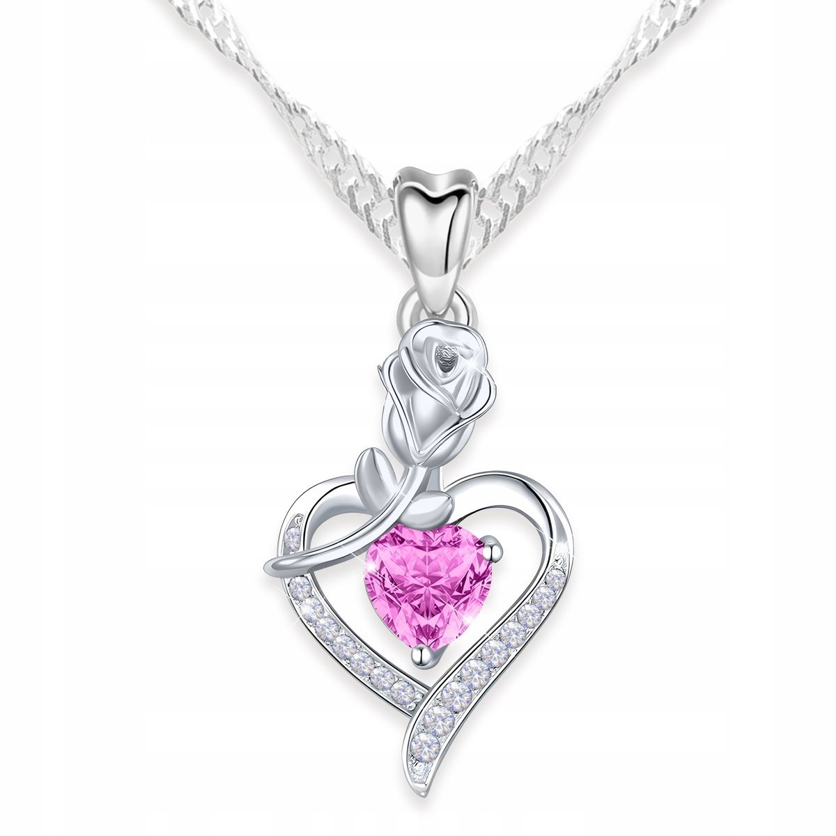 Naszyjnik Srebrny Kwiat Róża Kryształowe Serce z Cyrkoniami SREBRO 925