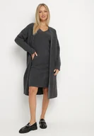 Komplety damskie - Ciemnoszary Komplet Dzianinowy z Wełną Długi Kardigan i Sukienka w Prążki Falandrea - miniaturka - grafika 1